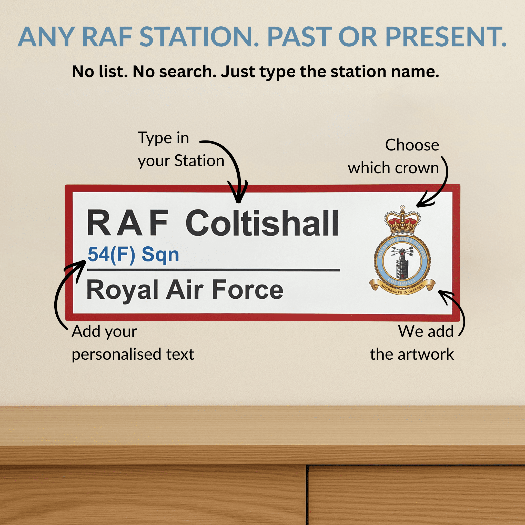 RAF Station Wall Sign – Personalised for Any RAF Station (Past or Present) - Four Prop